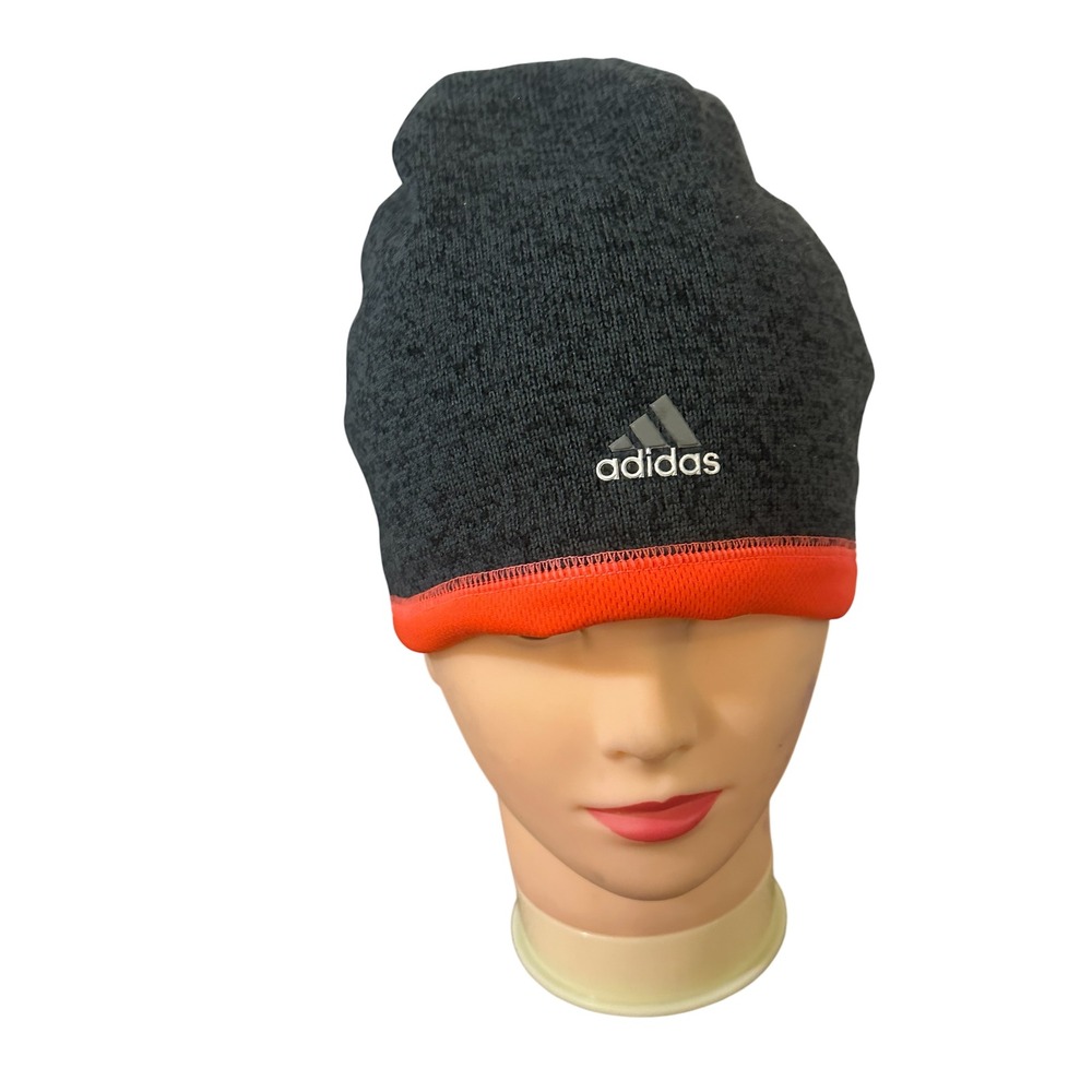 Adidas ClimaWarm Beanie Hat Charcoal Gray Heather Orange Trim Athletic Skull Cap
